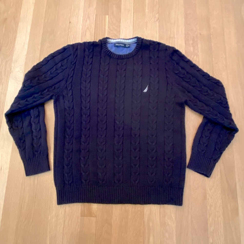 Nautica Mens Navy Cable Knit Crew Neck Sweater / Cotton / Size XL